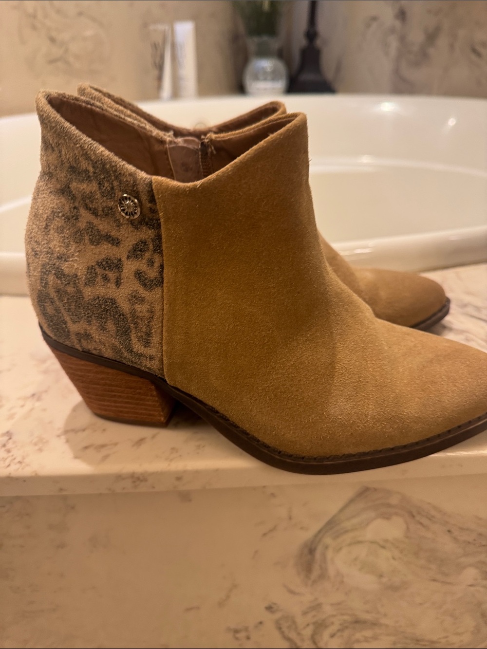Yellow Box Tan Suede Ankle Boot with Leopard Heel Accent